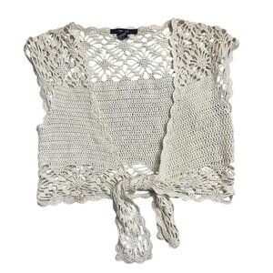 Forever 21 Cream crochet short sleeve cardigan with tie detail